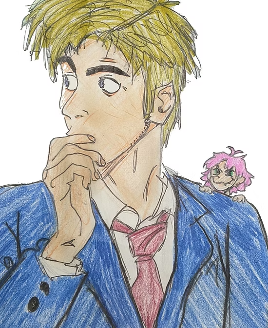 Artwork depicting Jeremy as the Doctor from Doctor Who, with the artist MacKenzie pictured on his shoulder